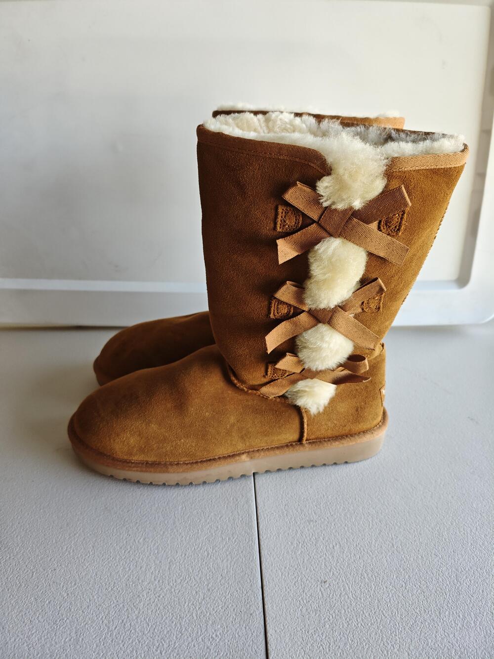 Koolaburra By UGG Boots Womens Size 10 Brown Suede Shearling Lined Bow Mid Calf